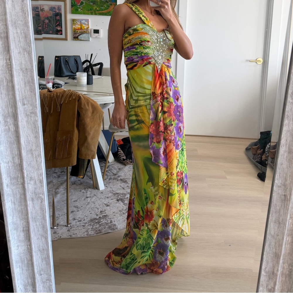 Cache One-Shoulder Green Floral Beaded Maxi Dress